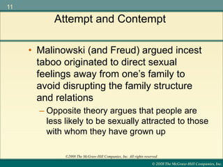 © 2008 The McGraw-Hill Companies, Inc.
11
©2008 The McGraw-Hill Companies, Inc. All rights reserved.
• Malinowski (and Freud) argued incest
taboo originated to direct sexual
feelings away from one’s family to
avoid disrupting the family structure
and relations
Attempt and Contempt
– Opposite theory argues that people are
less likely to be sexually attracted to those
with whom they have grown up
 