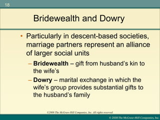 © 2008 The McGraw-Hill Companies, Inc.
18
©2008 The McGraw-Hill Companies, Inc. All rights reserved.
Bridewealth and Dowry
– Bridewealth – gift from husband’s kin to
the wife’s
– Dowry – marital exchange in which the
wife’s group provides substantial gifts to
the husband’s family
• Particularly in descent-based societies,
marriage partners represent an alliance
of larger social units
 