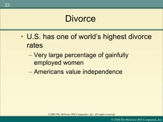 © 2008 The McGraw-Hill Companies, Inc.
23
©2008 The McGraw-Hill Companies, Inc. All rights reserved.
Divorce
– Very large percentage of gainfully
employed women
– Americans value independence
• U.S. has one of world’s highest divorce
rates
 
