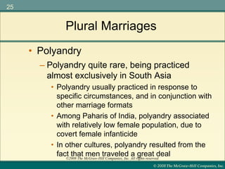 © 2008 The McGraw-Hill Companies, Inc.
25
©2008 The McGraw-Hill Companies, Inc. All rights reserved.
Plural Marriages
– Polyandry quite rare, being practiced
almost exclusively in South Asia
• Polyandry usually practiced in response to
specific circumstances, and in conjunction with
other marriage formats
• Among Paharis of India, polyandry associated
with relatively low female population, due to
covert female infanticide
• In other cultures, polyandry resulted from the
fact that men traveled a great deal
• Polyandry
 