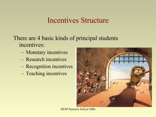 Incentives Structure There are 4 basic kinds of principal students incentives: Monetary incentives Research incentives Recognition incentives Teaching incentives 
