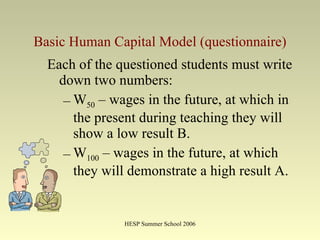 Basic Human Capital Model (questionnaire) Each of the questioned students must write down two numbers: W 50  – wages in the future, at which in the present during teaching they will show a low result B. W 100  – wages in the future, at which they will demonstrate a high result A. 