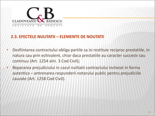 2.3. EFECTELE NULITATII – ELEMENTE DE NOUTATE Desfiintarea contractului obliga partile sa isi restituie reciproc prestatiile, in natura sau prin echivalent, chiar daca prestatiile au caracter succesiv sau continuu (Art. 1254 alin. 3 Cod Civil); Repararea prejudiciului in cazul nulitatii contractului incheiat in forma autentica – antrenarea raspunderii notarului public pentru prejudiciile cauzate (Art. 1258 Cod Civil).  