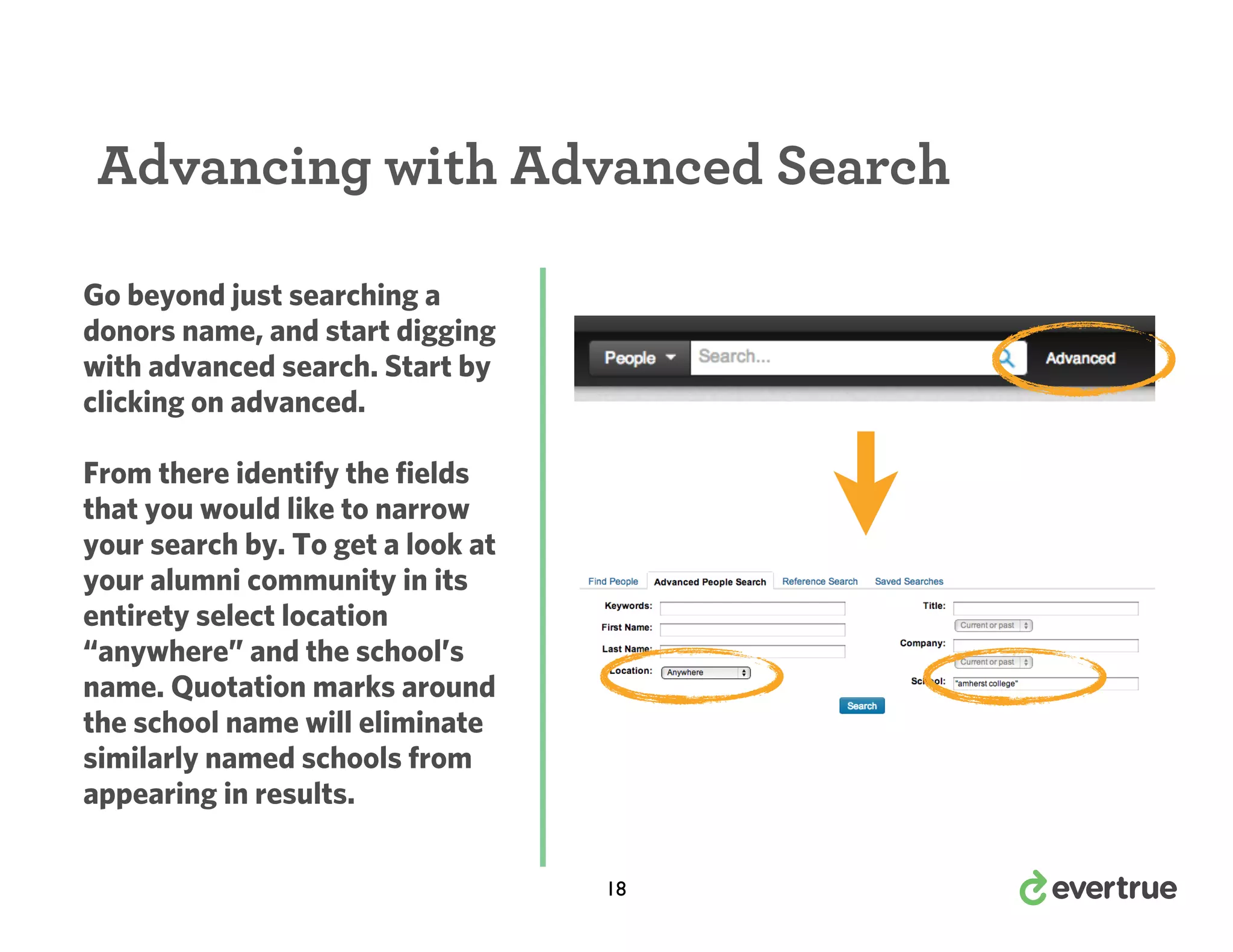 Advancing with Advanced Search
Go beyond just searching a
donors name, and start digging
with advanced search. Start by
clicking on advanced.
From there identify the fields
that you would like to narrow
your search by. To get a look at
your alumni community in its
entirety select location
“anywhere” and the school’s
name. Quotation marks around
the school name will eliminate
similarly named schools from
appearing in results.
18

 