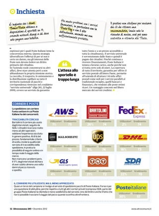 Inchiesta
                                                     Ho avu r ble
È ingiusto che i clianti a
                    en                              finanziatroi,pinopa mi con i servizi                  Il postino non citofona per avvisare
                       o
BancoPosta abbiortelli su 4,                        PostePay e con rticolare con la                       che c’è da ritirare una
               sp
disposizione 2 li disagi a chi deve                dell’azienda, sec il sito                              raccomandata, lascia solo la
creando notevo bolletta.                           sufficientemente ondo me non                           ricevuta di avviso, così poi sono
solo pagare una                                                       protetto.                           costretta a ritirarla alle Poste.

espresso) per i quali Poste Italiane teme la                                tutto l’anno e a un prezzo accessibile a
concorrenza esterna. Questa strategia                                       tutta la cittadinanza. Il servizio universale
(diversificare l’offerta) di per sé non è                                   è sovvenzionato dallo Stato e quindi è
certo un danno, ma gli interessi delle                                      pagato dai cittadini. Finché continua a
Poste non devono ledere un diritto                                          ricevere finanziamenti, Poste Italiane è
primario del cittadino.                                                     tenuta a farsene carico, anche perché non
Se l’azienda vuole concentrarsi su altri                                    si tratta certo solo di oneri. La copertura
affari, deve stare attenta però a non             L’attesa allo             di tutto il territorio, garantita per offrire il
abbandonare la propria missione storica.                                    servizio postale all’intero Paese, permette
La raccolta, il trasporto, lo smistamento e       sportello è               all’azienda di sfruttare i 14 mila uffici
la distribuzione capillare su tutto il
territorio nazionale di pacchi e
                                                  troppo lunga              postali come sedi per i servizi paralleli al
                                                                            tradizionale recapito, quelli bancari e
corrispondenza rientrano nel cosiddetto                                     finanziari, che rendono alle poste ottimi
“servizio universale” (dlgs 261, 22 luglio                                  ricavi. Un vantaggio concreto nel libero
1999), ovvero un servizio da garantire                                      mercato dei servizi creditizi. ¬




   CORRIERI E POSTE
  La spedizione con corriere
  l’unico settore in cui Poste
  Italiane ha dei concorrenti.

  TRACCIABILITÀ CERCASI
  Bartolini è il corriere più usato       Utilizzatori Gradimento              Utilizzatori Gradimento              Utilizzatori Gradimento
  dagli intervistati, seguito da            1%               75                  26%              74                  2%             74
  SDA. I cittadini ricorrono molto
  meno ad altri operatori,
  sebbene l’esperienza sia stata
  in genere positiva. Al di là del
  prezzo, fondamentale criterio
  di scelta, incide la qualità del
  servizio di tracciabilità della
                                          Utilizzatori Gradimento              Utilizzatori Gradimento              Utilizzatori Gradimento
  spedizione, in pratica la
  possibilità di seguire online e in        1%               74                  8%              74                  16%             73
  tempo reale il viaggio della
  merce.
  Non mancano i problemi però.
  Il 17% degli intervistati dichiara
  di aver subìto almeno una volta
  danni al pacco ricevuto
  o spedito.                              Utilizzatori Gradimento              Utilizzatori Gradimento               Utilizzatori Gradimento
                                          4%                 72                 21%               72                 22%             70

    IL CORRIERE PIÙ UTILIZZATO, MA IL MENO APPREZZATO
   Ehendi un terzo del campione si rivolge al servizioaborrum quibusam sequas ant labor re, odisè per
    Quasi cus es eossum, ommodit que num vollaut di spedizione pacchi di Poste Italiane. Forse
   earupta deri ad quamet rehenda musdand endiatint odio qui od maximax(compresa SDA, parte del
    una questione di abitudine, perché rispetto a tutti gli altri corrieri privati imustias ut as natur?
    gruppo Poste Italiane) la clientela è meno soddisfatta del servizio. Uno dei limiti è anche il fatto che
   Ucipitio. Elest voluptatis ducipicia corepellent laboria tquatias exped ut aces ad quo cones venderi
                                                                                                                   Utilizzatori Gradimento
   temosantis maiorectem etur, sus reri apacco quando Et volor aliam dunt vendant mincimusdae
    non è possibile tracciare il viaggio del corrum fuga. sconfina oltrefrontiera.
                                                                                                                   30%              57


32 Altroconsumo 265 • Dicembre 2012                                                                                            www.altroconsumo.it
 
