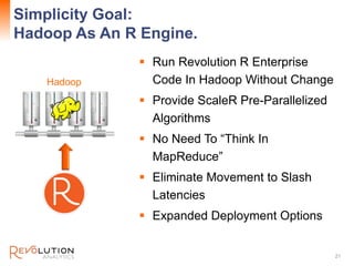 Simplicity Goal:
Hadoop As An R Engine.
 Run Revolution R Enterprise
Code In Hadoop Without Change
 Provide ScaleR Pre-Parallelized
Algorithms
 No Need To “Think In
MapReduce”
 Eliminate Movement to Slash
Latencies
 Expanded Deployment Options
21
Hadoop
 