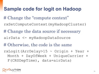 Sample code for logit on Hadoop
# Change the “compute context”
rxSetComputeContext(myHadoopCluster)
# Change the data source if necessary
airData <- myHadoopDataSource
# Otherwise, the code is the same
rxLogit(ArrDelay>15 ~ Origin + Year +
Month + DayOfWeek + UniqueCarrier +
F(CRSDepTime), data=airData)
36
 