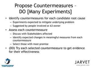 Propose Countermeasures –
        DO [Many Experiments]
• Identify countermeasures for each candidate root cause
   – Experiments expected to mitigate underlying problem
   – Suggested by people involved or A3 owner
• Assess each countermeasure
   – Discuss with Stakeholders affected
   – Identify expected changes in meaningful measures from each
     countermeasure
   – Select those with most promise
• (DO) Try each selected countermeasure to get evidence
  for their effectiveness



                                                           www.jarvet.com
 