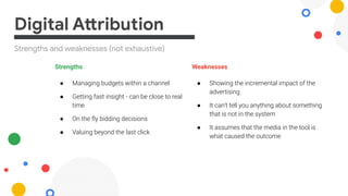 Strengths and weaknesses (not exhaustive)
Digital Attribution
Strengths
● Managing budgets within a channel
● Getting fast insight - can be close to real
time
● On the ﬂy bidding decisions
● Valuing beyond the last click
Weaknesses
● Showing the incremental impact of the
advertising
● It can’t tell you anything about something
that is not in the system
● It assumes that the media in the tool is
what caused the outcome
 
