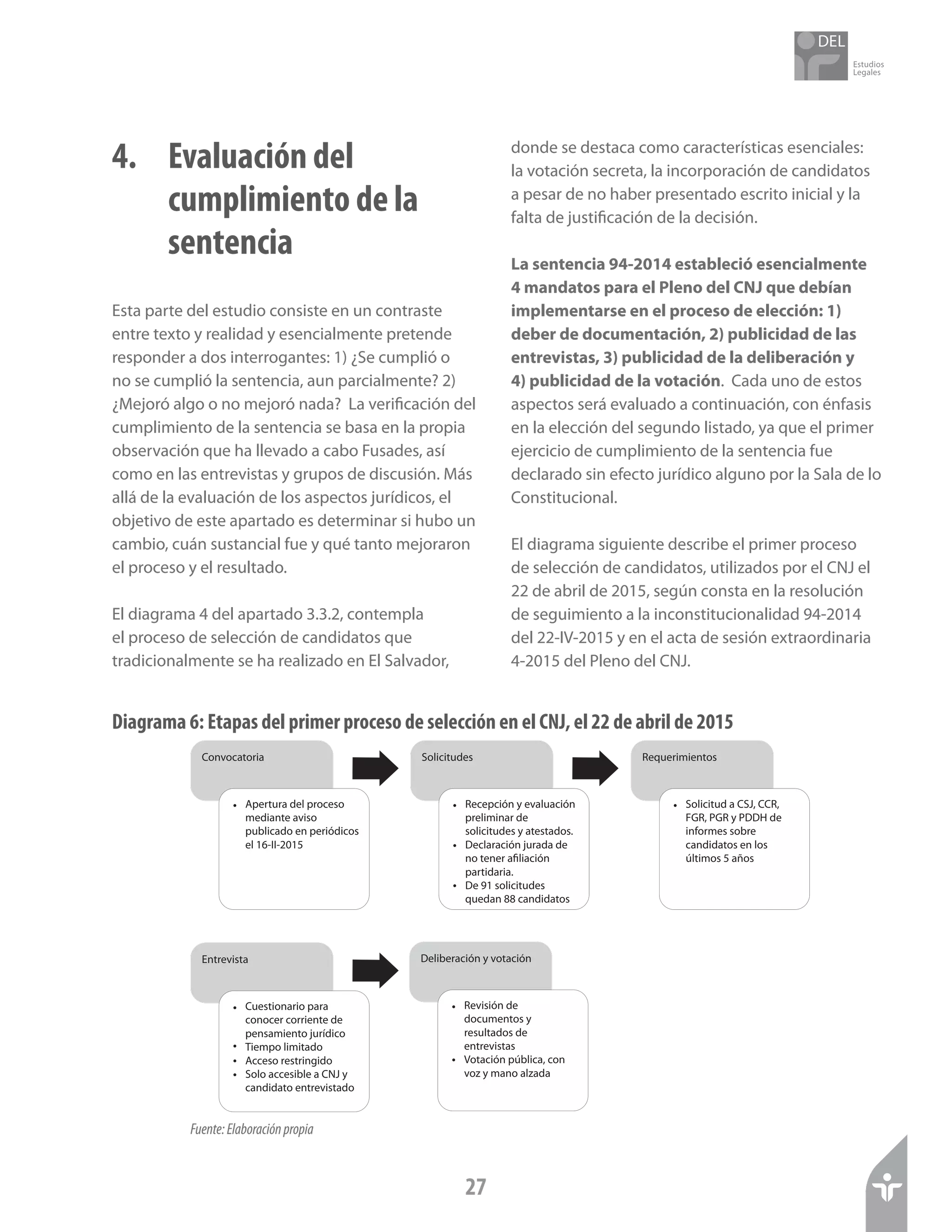 Estudios
Legales
27
4.	 Evaluación del
cumplimiento de la
sentencia
Esta parte del estudio consiste en un contraste
entre texto y realidad y esencialmente pretende
responder a dos interrogantes: 1) ¿Se cumplió o
no se cumplió la sentencia, aun parcialmente? 2)
¿Mejoró algo o no mejoró nada? La verificación del
cumplimiento de la sentencia se basa en la propia
observación que ha llevado a cabo Fusades, así
como en las entrevistas y grupos de discusión. Más
allá de la evaluación de los aspectos jurídicos, el
objetivo de este apartado es determinar si hubo un
cambio, cuán sustancial fue y qué tanto mejoraron
el proceso y el resultado.
El diagrama 4 del apartado 3.3.2, contempla
el proceso de selección de candidatos que
tradicionalmente se ha realizado en El Salvador,
donde se destaca como características esenciales:
la votación secreta, la incorporación de candidatos
a pesar de no haber presentado escrito inicial y la
falta de justificación de la decisión.
La sentencia 94-2014 estableció esencialmente
4 mandatos para el Pleno del CNJ que debían
implementarse en el proceso de elección: 1)
deber de documentación, 2) publicidad de las
entrevistas, 3) publicidad de la deliberación y
4) publicidad de la votación. Cada uno de estos
aspectos será evaluado a continuación, con énfasis
en la elección del segundo listado, ya que el primer
ejercicio de cumplimiento de la sentencia fue
declarado sin efecto jurídico alguno por la Sala de lo
Constitucional.
El diagrama siguiente describe el primer proceso
de selección de candidatos, utilizados por el CNJ el
22 de abril de 2015, según consta en la resolución
de seguimiento a la inconstitucionalidad 94-2014
del 22-IV-2015 y en el acta de sesión extraordinaria
4-2015 del Pleno del CNJ.
Diagrama 6: Etapas del primer proceso de selección en el CNJ, el 22 de abril de 2015
Fuente:Elaboraciónpropia
Convocatoria
Apertura del proceso
mediante aviso
publicado en periódicos
el 16-II-2015
•
Entrevista
Cuestionario para
conocer corriente de
pensamiento jurídico
Tiempo limitado
Acceso restringido
Solo accesible a CNJ y
candidato entrevistado
•
•
•
•
Deliberación y votación
Revisión de
documentos y
resultados de
entrevistas
Votación pública, con
voz y mano alzada
•
•
Solicitudes
Recepción y evaluación
preliminar de
solicitudes y atestados.
Declaración jurada de
no tener afiliación
partidaria.
De 91 solicitudes
quedan 88 candidatos
•
•
•
Requerimientos
Solicitud a CSJ, CCR,
FGR, PGR y PDDH de
informes sobre
candidatos en los
últimos 5 años
•
 
