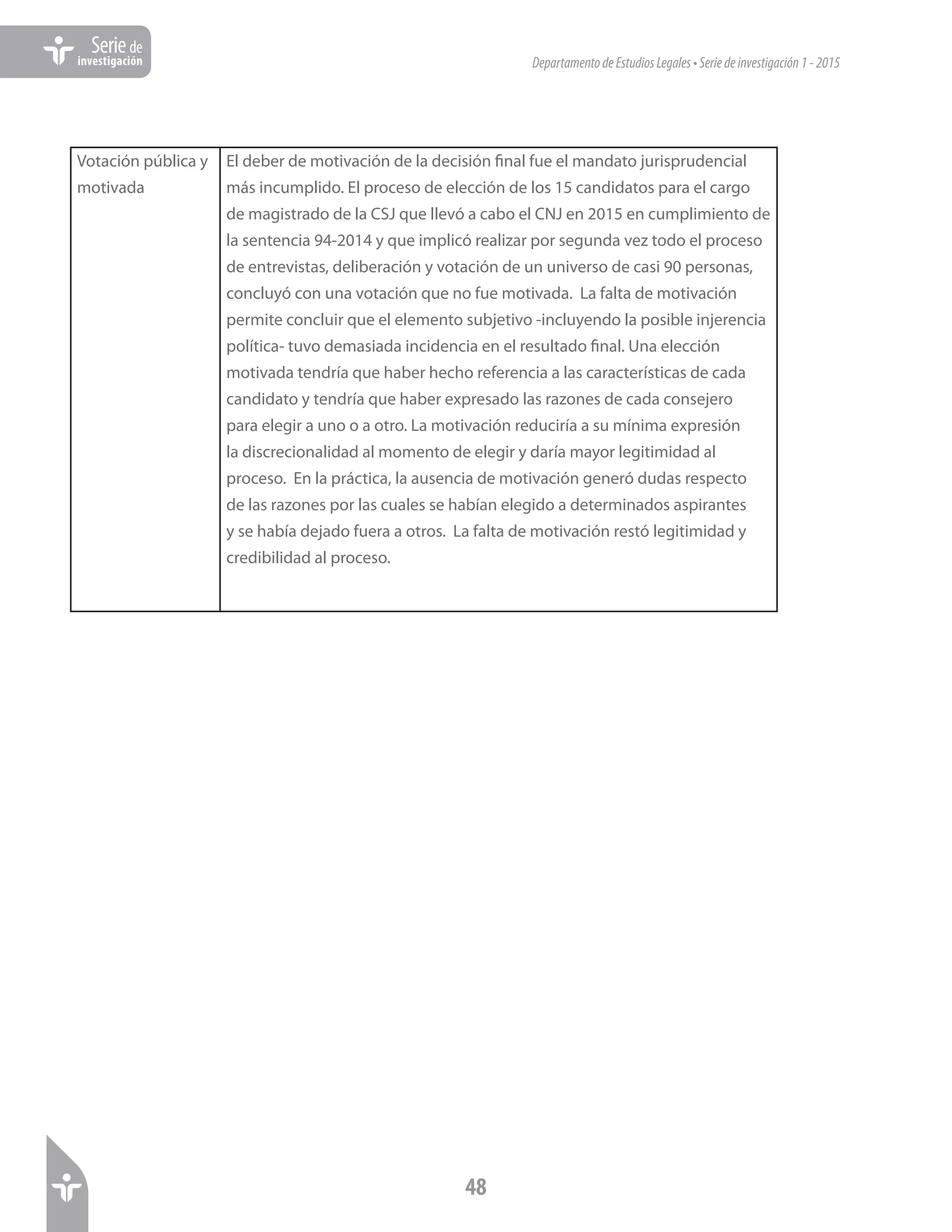 DepartamentodeEstudiosLegales•Seriedeinvestigación1-2015
48
Seriede
investigación
Votación pública y
motivada
El deber de motivación de la decisión final fue el mandato jurisprudencial
más incumplido. El proceso de elección de los 15 candidatos para el cargo
de magistrado de la CSJ que llevó a cabo el CNJ en 2015 en cumplimiento de
la sentencia 94-2014 y que implicó realizar por segunda vez todo el proceso
de entrevistas, deliberación y votación de un universo de casi 90 personas,
concluyó con una votación que no fue motivada. La falta de motivación
permite concluir que el elemento subjetivo -incluyendo la posible injerencia
política- tuvo demasiada incidencia en el resultado final. Una elección
motivada tendría que haber hecho referencia a las características de cada
candidato y tendría que haber expresado las razones de cada consejero
para elegir a uno o a otro. La motivación reduciría a su mínima expresión
la discrecionalidad al momento de elegir y daría mayor legitimidad al
proceso. En la práctica, la ausencia de motivación generó dudas respecto
de las razones por las cuales se habían elegido a determinados aspirantes
y se había dejado fuera a otros. La falta de motivación restó legitimidad y
credibilidad al proceso.
 