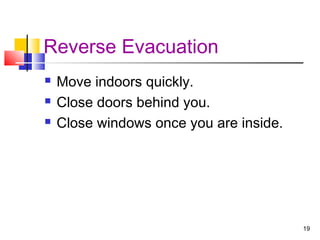 Reverse Evacuation




Move indoors quickly.
Close doors behind you.
Close windows once you are inside.

19

 