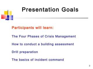 Presentation Goals
Participants will learn:
The Four Phases of Crisis Management
How to conduct a building assessment
Drill preparation
The basics of incident command
2

 