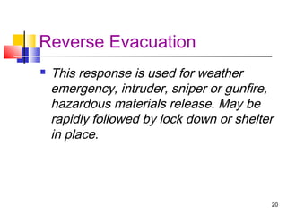 Reverse Evacuation


This response is used for weather
emergency, intruder, sniper or gunfire,
hazardous materials release. May be
rapidly followed by lock down or shelter
in place.

20

 