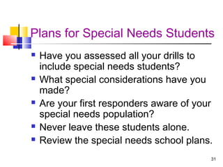 Plans for Special Needs Students









Have you assessed all your drills to
include special needs students?
What special considerations have you
made?
Are your first responders aware of your
special needs population?
Never leave these students alone.
Review the special needs school plans.
31

 