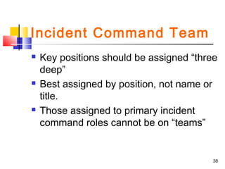 Incident Command Team






Key positions should be assigned “three
deep”
Best assigned by position, not name or
title.
Those assigned to primary incident
command roles cannot be on “teams”

38

 