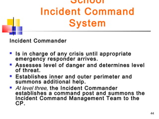 School
Incident Command
System
Incident Commander








Is in charge of any crisis until appropriate
emergency responder arrives.
Assesses level of danger and determines level
of threat.
Establishes inner and outer perimeter and
summons additional help.
At level three, the Incident Commander
establishes a command post and summons the
Incident Command Management Team to the
CP.
44

 