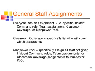 General Staff Assignments
Everyone has an assignment - i.e. specific Incident
Command role, Team assignment, Classroom
Coverage, or Manpower Pool.
Classroom Coverage – specifically list who will cover
which classrooms.
Manpower Pool – specifically assign all staff not given
Incident Command roles, Team assignments, or
Classroom Coverage assignments to Manpower
Pool.
59

 