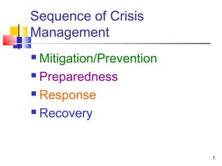 Sequence of Crisis
Management
Mitigation/Prevention
 Preparedness
 Response
 Recovery


7

 