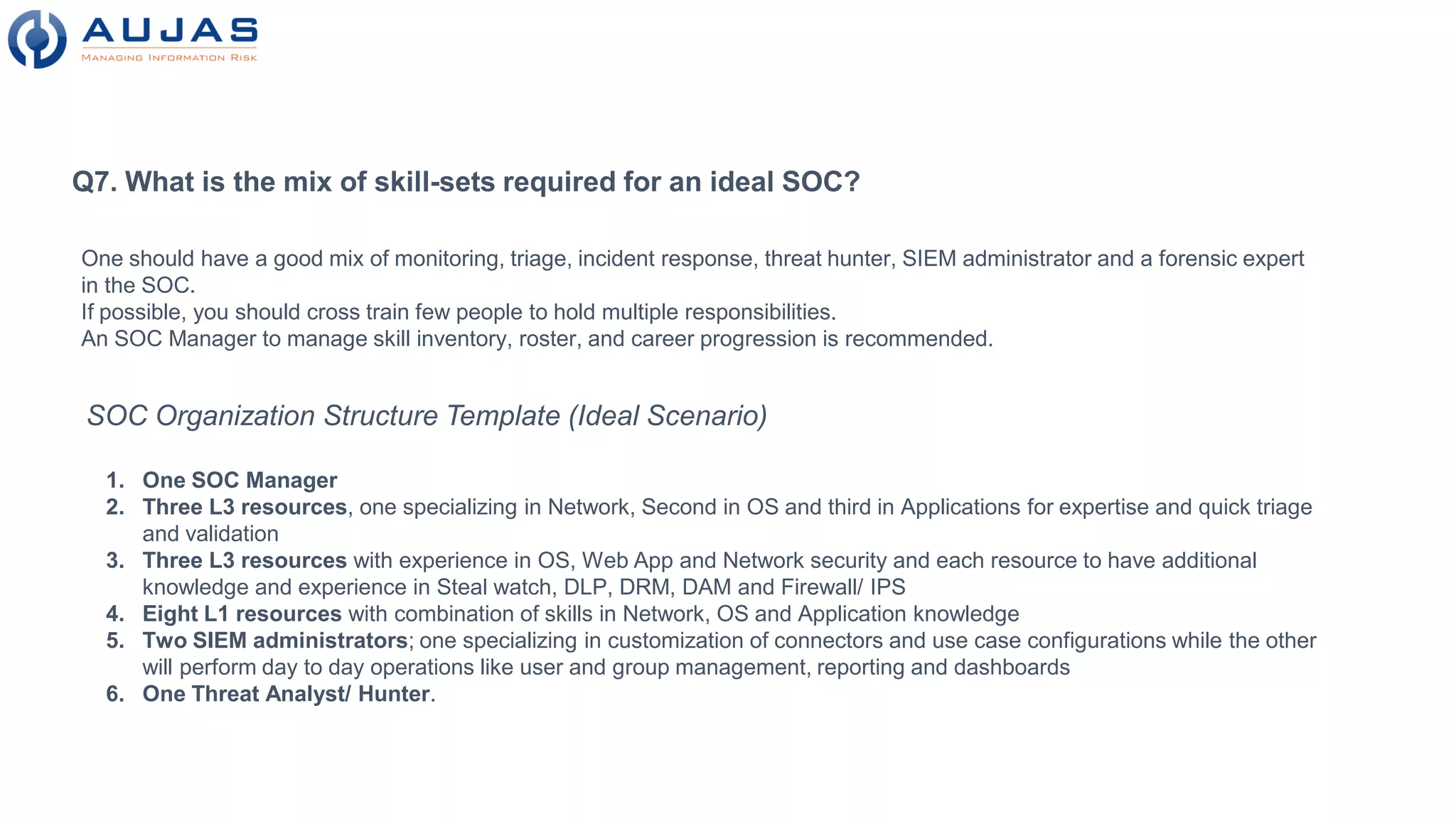 SOC Organization Structure Template (Ideal Scenario)
1. One SOC Manager
2. Three L3 resources, one specializing in Network, Second in OS and third in Applications for expertise and quick triage
and validation
3. Three L3 resources with experience in OS, Web App and Network security and each resource to have additional
knowledge and experience in Steal watch, DLP, DRM, DAM and Firewall/ IPS
4. Eight L1 resources with combination of skills in Network, OS and Application knowledge
5. Two SIEM administrators; one specializing in customization of connectors and use case configurations while the other
will perform day to day operations like user and group management, reporting and dashboards
6. One Threat Analyst/ Hunter.
Q7. What is the mix of skill-sets required for an ideal SOC?
One should have a good mix of monitoring, triage, incident response, threat hunter, SIEM administrator and a forensic expert
in the SOC.
If possible, you should cross train few people to hold multiple responsibilities.
An SOC Manager to manage skill inventory, roster, and career progression is recommended.
 