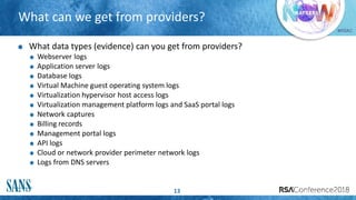 #RSAC
What can we get from providers?
13
What data types (evidence) can you get from providers?
Webserver logs
Application server logs
Database logs
Virtual Machine guest operating system logs
Virtualization hypervisor host access logs
Virtualization management platform logs and SaaS portal logs
Network captures
Billing records
Management portal logs
API logs
Cloud or network provider perimeter network logs
Logs from DNS servers
 