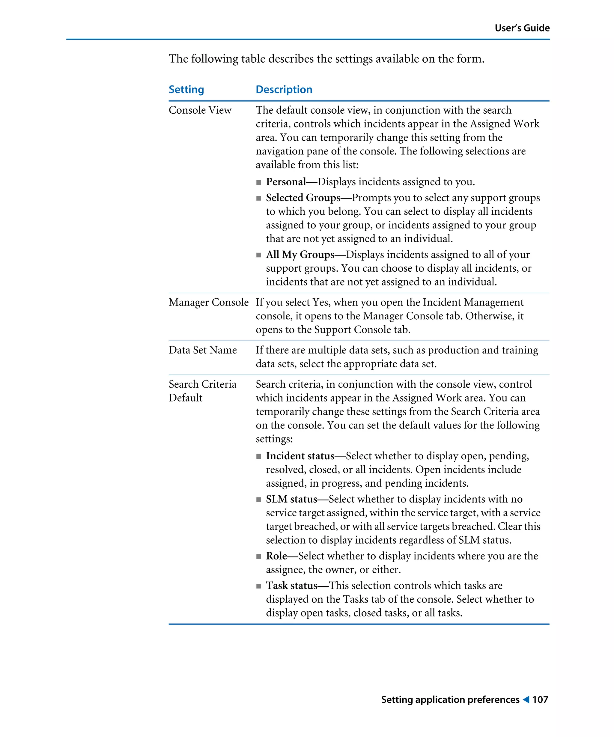Setting application preferences ! 107
User’s Guide
The following table describes the settings available on the form.
Setting Description
Console View The default console view, in conjunction with the search
criteria, controls which incidents appear in the Assigned Work
area. You can temporarily change this setting from the
navigation pane of the console. The following selections are
available from this list:
! Personal—Displays incidents assigned to you.
! Selected Groups—Prompts you to select any support groups
to which you belong. You can select to display all incidents
assigned to your group, or incidents assigned to your group
that are not yet assigned to an individual.
! All My Groups—Displays incidents assigned to all of your
support groups. You can choose to display all incidents, or
incidents that are not yet assigned to an individual.
Manager Console If you select Yes, when you open the Incident Management
console, it opens to the Manager Console tab. Otherwise, it
opens to the Support Console tab.
Data Set Name If there are multiple data sets, such as production and training
data sets, select the appropriate data set.
Search Criteria
Default
Search criteria, in conjunction with the console view, control
which incidents appear in the Assigned Work area. You can
temporarily change these settings from the Search Criteria area
on the console. You can set the default values for the following
settings:
! Incident status—Select whether to display open, pending,
resolved, closed, or all incidents. Open incidents include
assigned, in progress, and pending incidents.
! SLM status—Select whether to display incidents with no
service target assigned, within the service target, with a service
target breached, or with all service targets breached. Clear this
selection to display incidents regardless of SLM status.
! Role—Select whether to display incidents where you are the
assignee, the owner, or either.
! Task status—This selection controls which tasks are
displayed on the Tasks tab of the console. Select whether to
display open tasks, closed tasks, or all tasks.
 