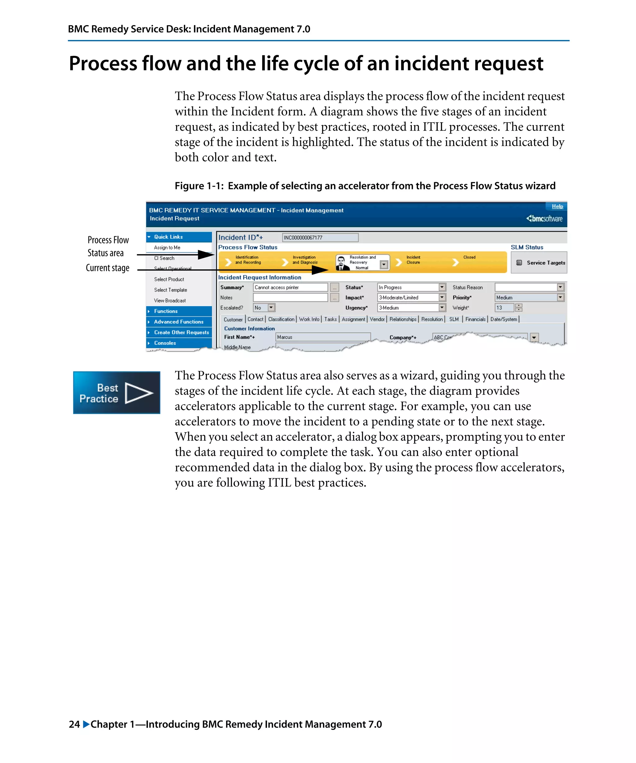 24 "Chapter 1—Introducing BMC Remedy Incident Management 7.0
BMC Remedy Service Desk: Incident Management 7.0
Process flow and the life cycle of an incident request
The Process Flow Status area displays the process flow of the incident request
within the Incident form. A diagram shows the five stages of an incident
request, as indicated by best practices, rooted in ITIL processes. The current
stage of the incident is highlighted. The status of the incident is indicated by
both color and text.
Figure 1-1: Example of selecting an accelerator from the Process Flow Status wizard
The Process Flow Status area also serves as a wizard, guiding you through the
stages of the incident life cycle. At each stage, the diagram provides
accelerators applicable to the current stage. For example, you can use
accelerators to move the incident to a pending state or to the next stage.
When you select an accelerator, a dialog box appears, prompting you to enter
the data required to complete the task. You can also enter optional
recommended data in the dialog box. By using the process flow accelerators,
you are following ITIL best practices.
Process Flow
Status area
Current stage
 