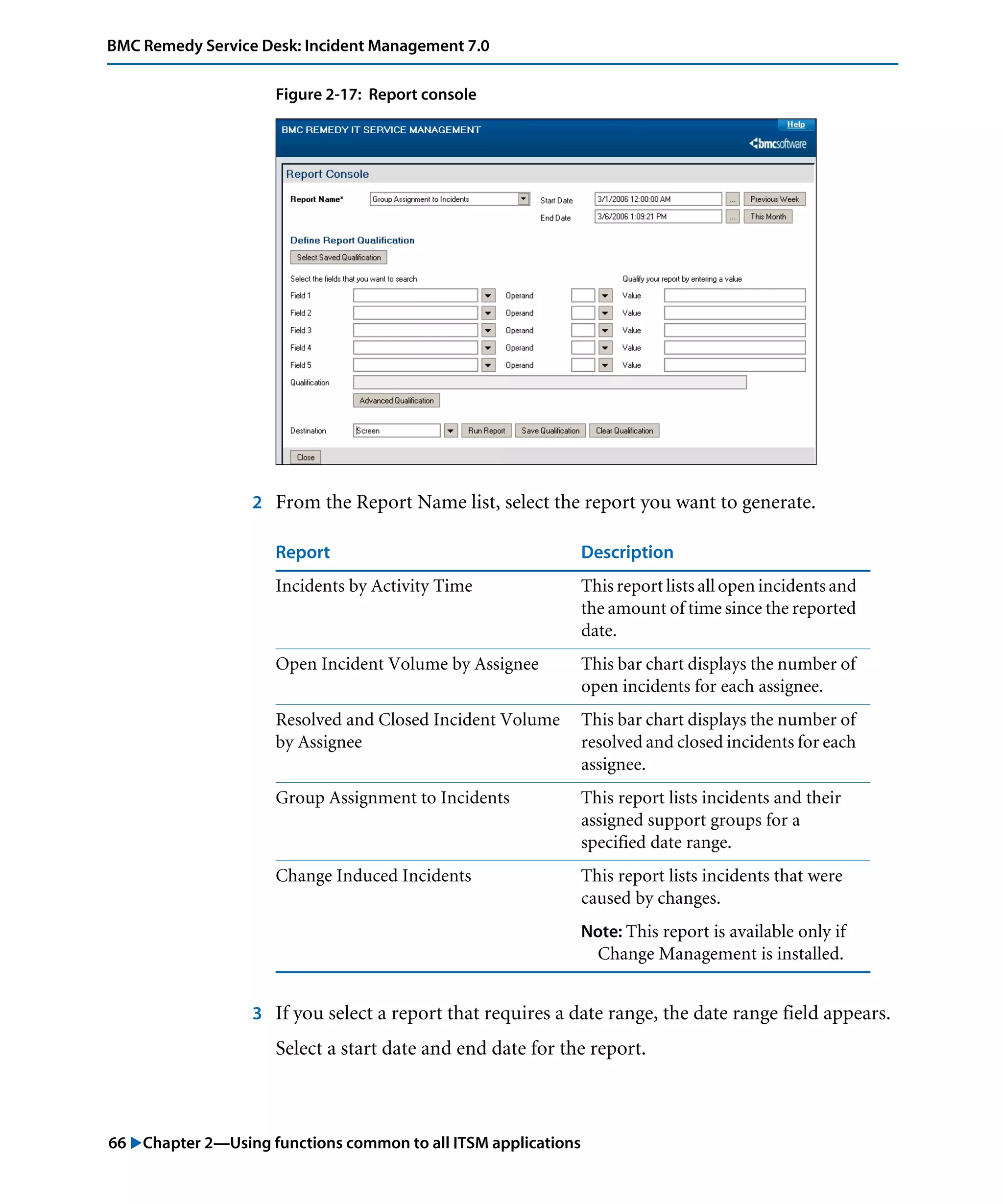 66 "Chapter 2—Using functions common to all ITSM applications
BMC Remedy Service Desk: Incident Management 7.0
Figure 2-17: Report console
2 From the Report Name list, select the report you want to generate.
3 If you select a report that requires a date range, the date range field appears.
Select a start date and end date for the report.
Report Description
Incidents by Activity Time This report lists all open incidents and
the amount of time since the reported
date.
Open Incident Volume by Assignee This bar chart displays the number of
open incidents for each assignee.
Resolved and Closed Incident Volume
by Assignee
This bar chart displays the number of
resolved and closed incidents for each
assignee.
Group Assignment to Incidents This report lists incidents and their
assigned support groups for a
specified date range.
Change Induced Incidents This report lists incidents that were
caused by changes.
Note: This report is available only if
Change Management is installed.
 