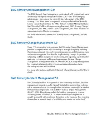 About the BMC Remedy IT Service Management Suite ! 11
User’s Guide
BMC Remedy Asset Management 7.0
The BMC Remedy Asset Management application lets IT professionals track
and manage enterprise configuration items (CIs)—and their changing
relationships—throughout the entire CI life cycle. As part of the BMC
Remedy ITSM Suite, Asset Management is integrated with BMC Remedy
Service Desk (which contains the BMC Remedy Incident Management and
BMC Remedy Problem Management applications), BMC Remedy Change
Management, and BMC Service Level Management, and offers flexibility to
support customized business processes.
For more information, see the BMC Remedy Asset Management 7.0 User’s
Guide.
BMC Remedy Change Management 7.0
Using ITIL-compatible best practices, BMC Remedy Change Management
provides IT organizations with the ability to manage changes by enabling
them to assess impact, risk, and resource requirements, and then create plans
and automate approval functions for implementing changes. It provides
scheduling and task assignment functionality, and reporting capabilities for
reviewing performance and improving processes. Because Change
Management is integrated with BMC Atrium CMDB, Change Management
lets you relate changes to other records, such as configuration items
(including services) and incidents.
For more information, see the BMC Remedy Change Management 7.0 User’s
Guide.
BMC Remedy Incident Management 7.0
BMC Remedy Incident Management is used to manage incidents. Incident
management is reactive, and is typically initiated in response to a customer
call or automated event. An example of an automated event might be an alert
from a monitoring system, such as BMC® Service Impact Management
(BMC® SIM). The primary goal of the incident management process,
according to ITIL standards, is “to restore normal service operation as
quickly as possible with minimum disruption to the business, thus ensuring
that the best achievable levels of availability and service are maintained.”
 