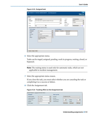 Understanding assignments ! 131
User’s Guide
Figure 4-22: Assigned task
6 Select the appropriate status.
Tasks can be staged, assigned, pending, work in progress, waiting, closed, or
bypassed.
Note: The waiting status is used only for automatic tasks, which are not
applicable to incident management.
7 Select the appropriate status reason.
If you close the task, you must select whether you are canceling the task or
completing it as a success or failure.
8 Click the Assignment tab.
Figure 4-23: Tracking effort on the Assignment tab
 