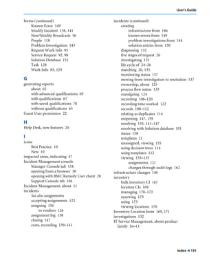 Index ! 191
User’s Guide
forms (continued)
Known Error 149
Modify Incident 138, 141
New/Modify Broadcasts 56
People 118
Problem Investigation 145
Request Work Info 95
Service Request 92, 98
Solution Database 151
Task 128
Work Info 85, 129
G
generating reports
about 65
with advanced qualifications 69
with qualifications 67
with saved qualifications 70
without qualifications 65
Guest User permission 22
H
Help Desk, new features 20
I
icons
Best Practice 10
New 10
impacted areas, indicating 47
Incident Management console
Manager Console tab 154
opening from a browser 30
opening with BMC Remedy User client 28
Support Console tab 104
Incident Management, about 11
incidents
See also assignments
accepting assignments 122
assigning 156
to vendors 126
assignment log 158
closing 147
costs, recording 139–141
incidents (continued)
creating
infrastructure from 146
known errors from 149
problem investigations from 144
solution entries from 150
diagnosing 132
five stages of request 26
investigating 132
life cycle of 24–26
matching 20, 135
monitoring status 157
moving from investigation to resolution 137
ownership, about 125
process flow status 133
reassigning 124
recording 108–120
recording time worked 122
records 108–112
relating as duplicates 114
reopening 147, 159
resolving 135, 141–147
resolving with Solution database 101
status 158
templates 21
unassigned, viewing 155
using decision trees 114
using templates 112
viewing 133–135
assignments 121
changes through audit logs 162
infrastructure changes 146
inventory
bulk inventory CI 167
location CIs 169
managing 170–173
reserving 173
using 173
viewing locations 170
Inventory Location form 169, 171
investigations 132
IT Service Management, about product
family 10–13
 