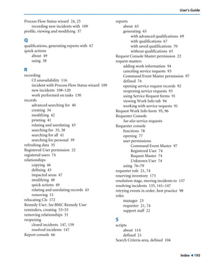 Index ! 193
User’s Guide
Process Flow Status wizard 24, 25
recording new incidents with 109
profile, viewing and modifying 37
Q
qualifications, generating reports with 67
quick actions
about 49
using 38
R
recording
CI unavailability 116
incident with Process Flow Status wizard 109
new incidents 108–120
work performed on tasks 130
records
advanced searching for 40
creating 34
modifying 42
printing 41
relating and unrelating 43
searching for 35, 38
searching for all 41
searching for personal 39
refreshing data 35
Registered User permission 22
registered users 74
relationships
copying 46
defining 43
impacted areas 47
modifying 48
quick actions 49
relating and unrelating records 43
removing 51
relocating CIs 172
Remedy User. See BMC Remedy User
reminders, creating 53–55
removing relationships 51
reopening
closed incidents 147, 159
resolved incidents 147
Report console 66
reports
about 65
generating 65
with advanced qualifications 69
with qualifications 67
with saved qualifications 70
without qualifications 65
Request Console Master permission 22
request masters
adding work information 94
canceling service requests 93
Command Event Master permission 97
defined 74
opening service request records 92
reopening service requests 93
using Service Request forms 91
viewing Work Info tab 94
working with service requests 91
Request Work Info form 95, 96
Requester Console
See also service requests
Requester console
functions 78
opening 77
user permissions
Command Event Master 97
Registered User 74
Request Master 74
Unknown User 74
using 76–79
requester role 21, 74
reserving inventory 173
resolution stage, moving incidents to 137
resolving incidents 135, 141–147
retrying events in order, best practice 98
roles
manager 23
requester 21, 74
support staff 22
S
scripts
about 114
defined 21
Search Criteria area, defined 104
 