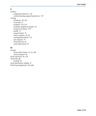 Index ! 195
User’s Guide
V
vendors
assigning incidents to 126
communicating assigned incidents to 127
viewing
broadcasts 58, 102
event logs 97
incidents 133–135
incidents assigned to people 121
inventory locations 170
profile 37
request details 79
service requests 78, 84
unassigned incidents 155
user requests 79
Work Info tab 94
work information 95
W
wizards
Process Flow Status 24, 25, 109
Service Request 80
Work Info form 85, 129
Work Info tab
viewing 94
work information, adding 51
Work Log Assignments. See tasks
 
