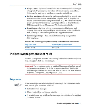 Incident Management user roles ! 21
User’s Guide
! Scripts—These are detailed instructions that an administrator or manager
sets up to help users record important information about an incident.
Scripts can be used when recording or assigning an incident.
! Incident templates—These can be used to populate incident records with
standard information that is entered on a regular basis. A template can
also set a relationship to a configuration item (CI). An administrator can
create templates for commonly occurring incidents, as described in the
BMC Remedy IT Service Management 7.0 Configuration Guide.
! Prioritization—Incident priority is now determined by impact and
urgency. This can be configured by an administrator, as described in the
BMC Remedy IT Service Management 7.0 Configuration Guide.
! Terminology changes—You can find a terminology change in the
following table.
Incident Management user roles
Incident Management provides functionality for IT users with the requester
role, for support staff, and for managers.
Important: The permission model in Incident Management has had several
updates since version 6.0. To define permissions and functional roles,
review the permissions and functional roles sections in the BMC Remedy
IT Service Management 7.0 Configuration Guide.
Requester
IT users can request resolution of incidents through the Requester console.
This console gives requesters access to:
! Public broadcast messages.
! Their own incident and change requests.
! A satisfaction survey, which can be completed on resolution of an incident
or change request.
Table 1-2: Key terminology change between Help Desk and Incident Management
Help Desk term Incident Management term
Bulletin Board Broadcast
 