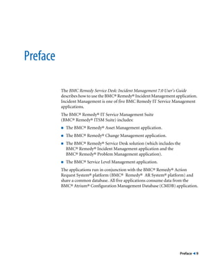 Preface ! 9
Preface
The BMC Remedy Service Desk: Incident Management 7.0 User’s Guide
describes how to use the BMC® Remedy® Incident Management application.
Incident Management is one of five BMC Remedy IT Service Management
applications.
The BMC® Remedy® IT Service Management Suite
(BMC® Remedy® ITSM Suite) includes:
! The BMC® Remedy® Asset Management application.
! The BMC® Remedy® Change Management application.
! The BMC® Remedy® Service Desk solution (which includes the
BMC® Remedy® Incident Management application and the
BMC® Remedy® Problem Management application).
! The BMC® Service Level Management application.
The applications run in conjunction with the BMC® Remedy® Action
Request System® platform (BMC® Remedy® AR System® platform) and
share a common database. All five applications consume data from the
BMC® Atrium® Configuration Management Database (CMDB) application.
 