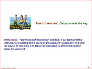Incident/Accident Analysis 10
Team Exercise: Cooperation is the Key
Instructions. Your instructor has had an accident. Your team and the
instructor are located at the scene of the accident (classroom) and your
job now is to ask initial and follow-up questions to gather information
about the accident.
 