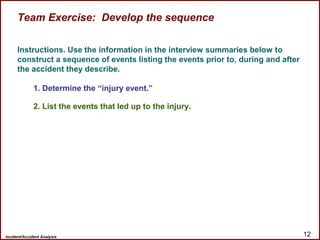 Incident/Accident Analysis 12
Team Exercise: Develop the sequence
Instructions. Use the information in the interview summaries below to
construct a sequence of events listing the events prior to, during and after
the accident they describe.
1. Determine the “injury event.”
2. List the events that led up to the injury.
 