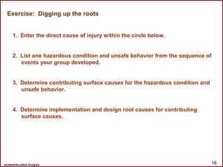 Incident/Accident Analysis 18
Exercise: Digging up the roots
1. Enter the direct cause of injury within the circle below.
2. List one hazardous condition and unsafe behavior from the sequence of
events your group developed.
3. Determine contributing surface causes for the hazardous condition and
unsafe behavior.
4. Determine implementation and design root causes for contributing
surface causes.
 