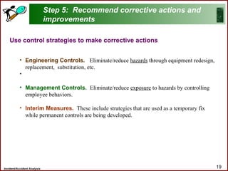 Incident/Accident Analysis 19
Use control strategies to make corrective actions
• Engineering Controls. Eliminate/reduce hazards through equipment redesign,
replacement, substitution, etc.
•
• Management Controls. Eliminate/reduce exposure to hazards by controlling
employee behaviors.
• Interim Measures. These include strategies that are used as a temporary fix
while permanent controls are being developed.
Step 5: Recommend corrective actions and
improvements
 