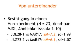 Vpn untereinander Bestätigung in einem Hörexperiment (N = 23, dead-pan MIDI, Ähnlichkeitsskala 1-10) JOE28-1 vs MAR17:  aM=7.3 , sd=1.99 JAG23-2 vs MAR17:  aM=6.1 , sd=1.07 