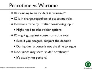 Copyright © 2018, Great Circle Associates, Inc. All Rights Reserved.
Peacetime vs Wartime
• Responding to an incident is “wartime”
• IC is in charge, regardless of peacetime role
• Decisions made by IC after considering input
• Might need to take riskier options
• IC might go against consensus; not a vote
• Even if you disagree, support the decision
• During the response is not the time to argue
• Discussions may seem “rude” or “abrupt”
• It’s usually not personal
25
 