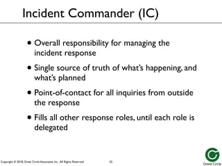 Copyright © 2018, Great Circle Associates, Inc. All Rights Reserved.
Incident Commander (IC)
• Overall responsibility for managing the
incident response
• Single source of truth of what’s happening, and
what’s planned
• Point-of-contact for all inquiries from outside
the response
• Fills all other response roles, until each role is
delegated
33
 