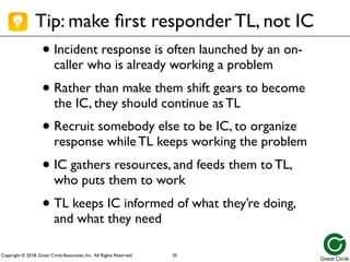 Copyright © 2018, Great Circle Associates, Inc. All Rights Reserved.
Tip: make first responder TL, not IC
• Incident response is often launched by an on-
caller who is already working a problem
• Rather than make them shift gears to become
the IC, they should continue as TL
• Recruit somebody else to be IC, to organize
response while TL keeps working the problem
• IC gathers resources, and feeds them to TL,
who puts them to work
• TL keeps IC informed of what they’re doing,
and what they need
35
 