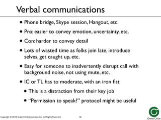 Copyright © 2018, Great Circle Associates, Inc. All Rights Reserved.
Verbal communications
• Phone bridge, Skype session, Hangout, etc.
• Pro: easier to convey emotion, uncertainty, etc.
• Con: harder to convey detail
• Lots of wasted time as folks join late, introduce
selves, get caught up, etc.
• Easy for someone to inadvertently disrupt call with
background noise, not using mute, etc.
• IC or TL has to moderate, with an iron fist
• This is a distraction from their key job
• “Permission to speak?” protocol might be useful
46
 