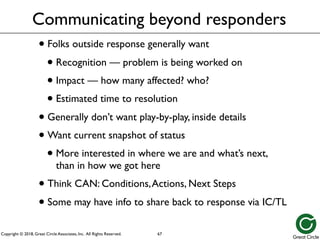Copyright © 2018, Great Circle Associates, Inc. All Rights Reserved.
Communicating beyond responders
• Folks outside response generally want
• Recognition — problem is being worked on
• Impact — how many affected? who?
• Estimated time to resolution
• Generally don’t want play-by-play, inside details
• Want current snapshot of status
• More interested in where we are and what’s next,
than in how we got here
• Think CAN: Conditions,Actions, Next Steps
• Some may have info to share back to response via IC/TL
67
 