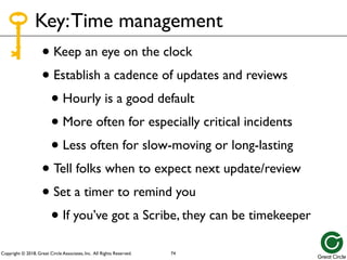 Copyright © 2018, Great Circle Associates, Inc. All Rights Reserved.
Key:Time management
• Keep an eye on the clock
• Establish a cadence of updates and reviews
• Hourly is a good default
• More often for especially critical incidents
• Less often for slow-moving or long-lasting
• Tell folks when to expect next update/review
• Set a timer to remind you
• If you’ve got a Scribe, they can be timekeeper
74
 