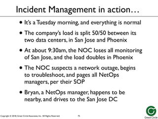 Copyright © 2018, Great Circle Associates, Inc. All Rights Reserved.
• It’s a Tuesday morning, and everything is normal
• The company’s load is split 50/50 between its
two data centers, in San Jose and Phoenix
• At about 9:30am, the NOC loses all monitoring
of San Jose, and the load doubles in Phoenix
• The NOC suspects a network outage, begins
to troubleshoot, and pages all NetOps
managers, per their SOP
• Bryan, a NetOps manager, happens to be
nearby, and drives to the San Jose DC
Incident Management in action…
75
 