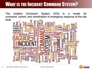 WHAT IS THE INCIDENT COMMAND SYSTEM?
The Incident Command System (ICS) is a model for
command, control, and coordination of emergency response at the site
level.

2

 