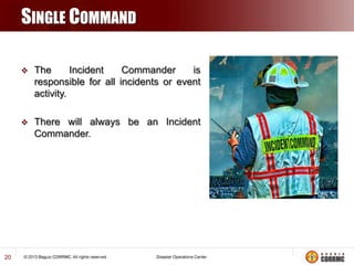 SINGLE COMMAND




20

The
Incident
Commander
is
responsible for all incidents or event
activity.
There will always be an Incident
Commander.

 
