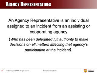 AGENCY REPRESENTATIVES
An Agency Representative is an individual
assigned to an incident from an assisting or
cooperating agency
(Who has been delegated full authority to make
decisions on all matters affecting that agency’s
participation at the incident).

29

 